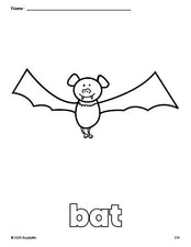 Free printable bat Halloween coloring page for preschool, pre-k, and kindergarten, PDF