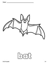 Free printable bat Halloween coloring page for preschool, pre-k, and kindergarten, PDF