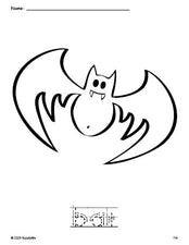 Free printable bat Halloween coloring page and word tracing worksheet, letter formation guides, perfect for preschool, pre-k, and kindergarten, PDF