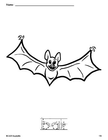 Free printable bat Halloween coloring page and word tracing worksheet, letter formation guides, perfect for preschool, pre-k, and kindergarten, PDF