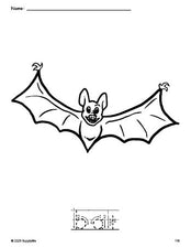 Free printable bat Halloween coloring page and word tracing worksheet, letter formation guides, perfect for preschool, pre-k, and kindergarten, PDF