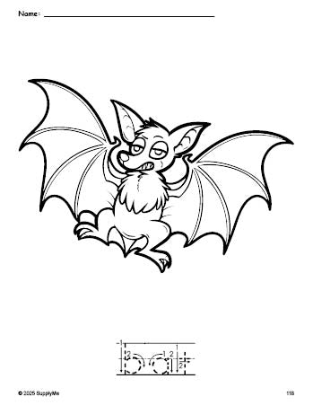 Free printable bat Halloween coloring page and word tracing worksheet, letter formation guides, perfect for preschool, pre-k, and kindergarten, PDF