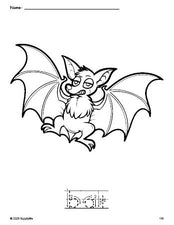 Free printable bat Halloween coloring page and word tracing worksheet, letter formation guides, perfect for preschool, pre-k, and kindergarten, PDF