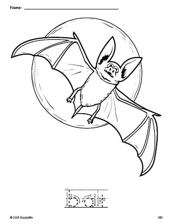 Free printable bat Halloween coloring page and word tracing worksheet, letter formation guides, perfect for preschool, pre-k, and kindergarten, PDF