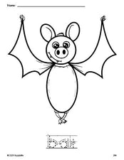 Free printable bat Halloween coloring page and word tracing worksheet, letter formation guides, perfect for preschool, pre-k, and kindergarten, PDF