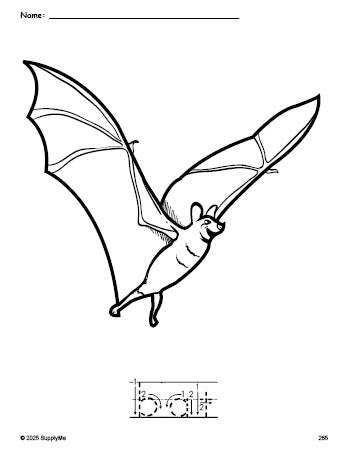 Free printable bat Halloween coloring page and word tracing worksheet, letter formation guides, perfect for preschool, pre-k, and kindergarten, PDF