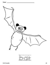 Free printable bat Halloween coloring page and word tracing worksheet, letter formation guides, perfect for preschool, pre-k, and kindergarten, PDF