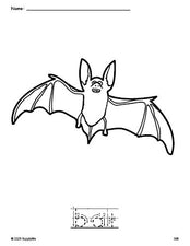 Free printable bat Halloween coloring page and word tracing worksheet, letter formation guides, perfect for preschool, pre-k, and kindergarten, PDF