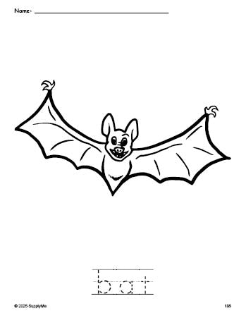 Free printable bat Halloween coloring page and word tracing worksheet, perfect for preschool, pre-k, and kindergarten, PDF