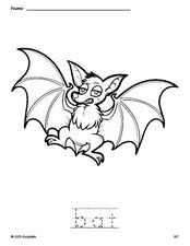 Free printable bat Halloween coloring page and word tracing worksheet, perfect for preschool, pre-k, and kindergarten, PDF