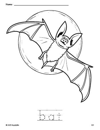 Free printable bat Halloween coloring page and word tracing worksheet, perfect for preschool, pre-k, and kindergarten, PDF