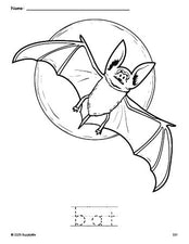 Free printable bat Halloween coloring page and word tracing worksheet, perfect for preschool, pre-k, and kindergarten, PDF