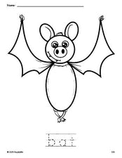 Free printable bat Halloween coloring page and word tracing worksheet, perfect for preschool, pre-k, and kindergarten, PDF