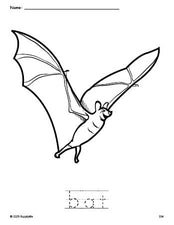 Free printable bat Halloween coloring page and word tracing worksheet, perfect for preschool, pre-k, and kindergarten, PDF