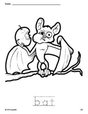 Free printable bat Halloween coloring page and word tracing worksheet, perfect for preschool, pre-k, and kindergarten, PDF