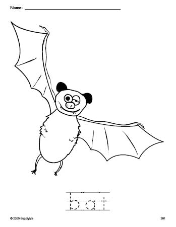 Free printable bat Halloween coloring page and word tracing worksheet, perfect for preschool, pre-k, and kindergarten, PDF