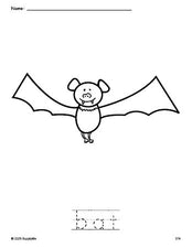 Free printable bat Halloween coloring page and word tracing worksheet, perfect for preschool, pre-k, and kindergarten, PDF