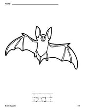 Free printable bat Halloween coloring page and word tracing worksheet, perfect for preschool, pre-k, and kindergarten, PDF