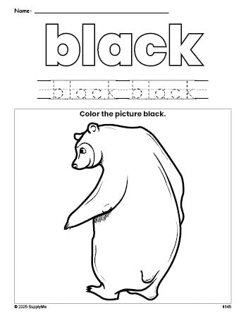 Free bear color black coloring page and color worksheet, black worksheet for preschoolers to learn colors, printable PDF