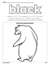 Free bear color black coloring page and color worksheet, black worksheet for preschoolers to learn colors, printable PDF