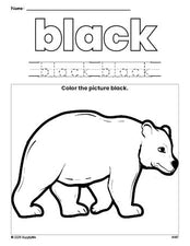 Free bear color black coloring page and color worksheet, black worksheet for preschoolers to learn colors, printable PDF