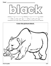 Free bear color black coloring page and color worksheet, black worksheet for preschoolers to learn colors, printable PDF