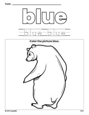 Free bear color blue coloring page and color worksheet, blue worksheet for preschoolers to learn colors, printable PDF