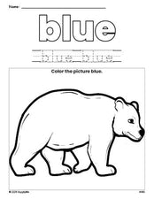 Free bear color blue coloring page and color worksheet, blue worksheet for preschoolers to learn colors, printable PDF