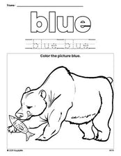 Free bear color blue coloring page and color worksheet, blue worksheet for preschoolers to learn colors, printable PDF