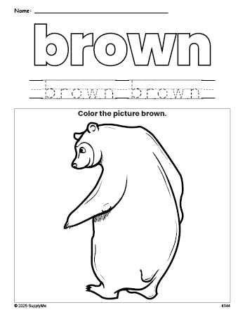 Free bear color brown coloring page and color worksheet, brown worksheet for preschoolers to learn colors, printable PDF