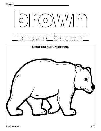 Free bear color brown coloring page and color worksheet, brown worksheet for preschoolers to learn colors, printable PDF