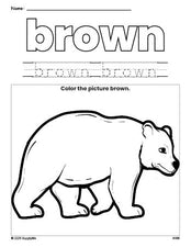 Free bear color brown coloring page and color worksheet, brown worksheet for preschoolers to learn colors, printable PDF