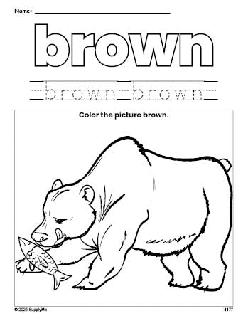 Free bear color brown coloring page and color worksheet, brown worksheet for preschoolers to learn colors, printable PDF