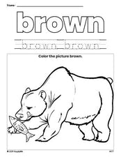 Free bear color brown coloring page and color worksheet, brown worksheet for preschoolers to learn colors, printable PDF