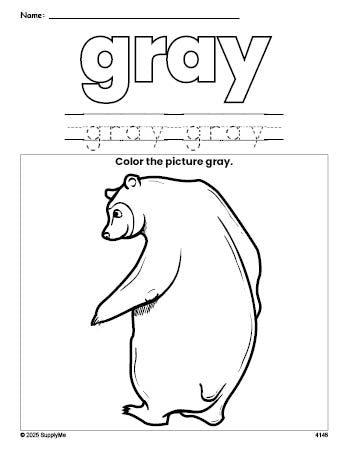 Free bear color gray coloring page and color worksheet, gray worksheet for preschoolers to learn colors, printable PDF