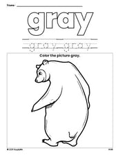 Free bear color gray coloring page and color worksheet, gray worksheet for preschoolers to learn colors, printable PDF