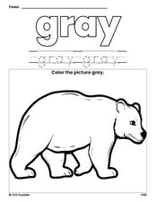 Free bear color gray coloring page and color worksheet, gray worksheet for preschoolers to learn colors, printable PDF