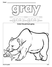 Free bear color gray coloring page and color worksheet, gray worksheet for preschoolers to learn colors, printable PDF