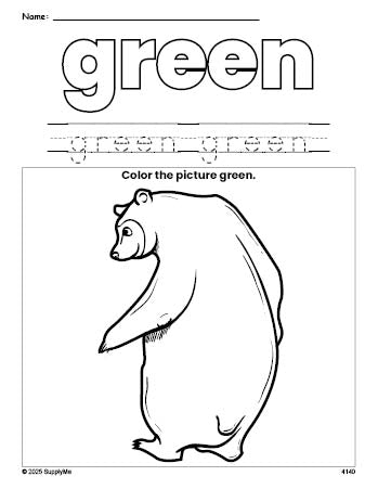 Free bear color green coloring page and color worksheet, green worksheet for preschoolers to learn colors, printable PDF