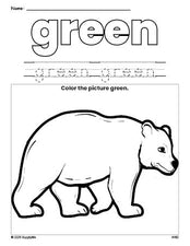 Free bear color green coloring page and color worksheet, green worksheet for preschoolers to learn colors, printable PDF