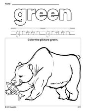 Free bear color green coloring page and color worksheet, green worksheet for preschoolers to learn colors, printable PDF