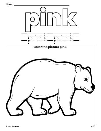 Free bear color pink coloring page and color worksheet, pink worksheet for preschoolers to learn colors, printable PDF