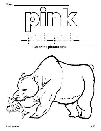 Free bear color pink coloring page and color worksheet, pink worksheet for preschoolers to learn colors, printable PDF