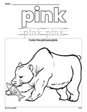 Free bear color pink coloring page and color worksheet, pink worksheet for preschoolers to learn colors, printable PDF