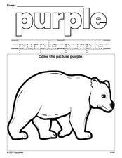 Free bear color purple coloring page and color worksheet, purple worksheet for preschoolers to learn colors, printable PDF