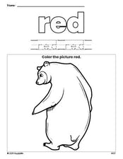 Free bear color red coloring page and color worksheet, red worksheet for preschoolers to learn colors, printable PDF