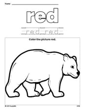 Free bear color red coloring page and color worksheet, red worksheet for preschoolers to learn colors, printable PDF