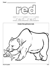 Free bear color red coloring page and color worksheet, red worksheet for preschoolers to learn colors, printable PDF