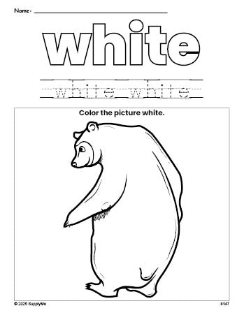 Free bear color white coloring page and color worksheet, white worksheet for preschoolers to learn colors, printable PDF