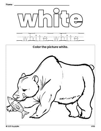 Free bear color white coloring page and color worksheet, white worksheet for preschoolers to learn colors, printable PDF